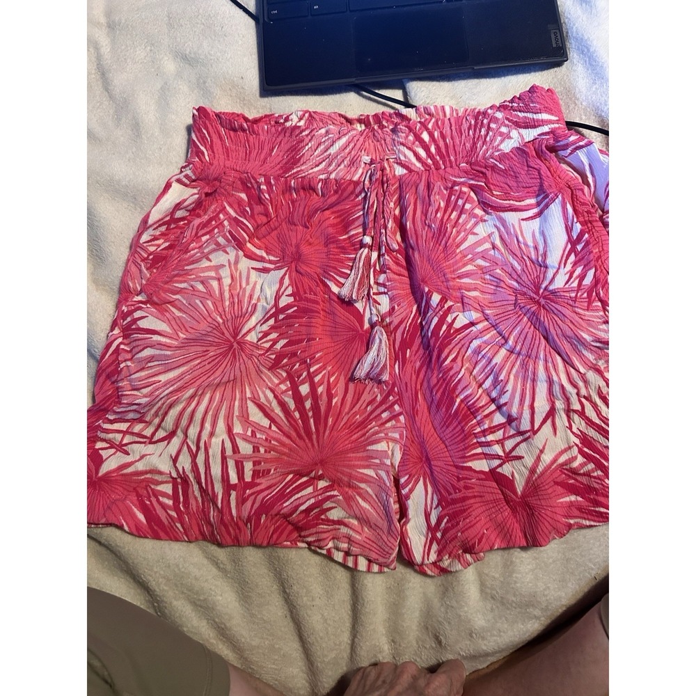 Rose + Olive Women's Tropical Palm Print Pull On Shorts Pink Tassel Medium